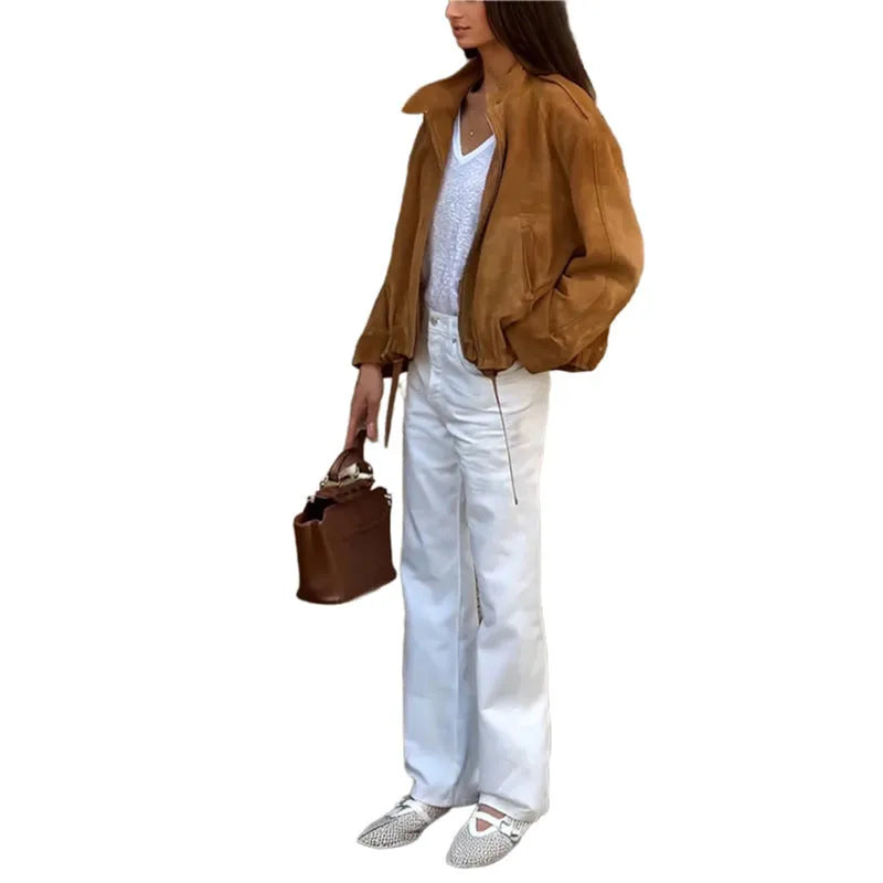 Retro solid colour loose fit long sleeve jacket on a hanger