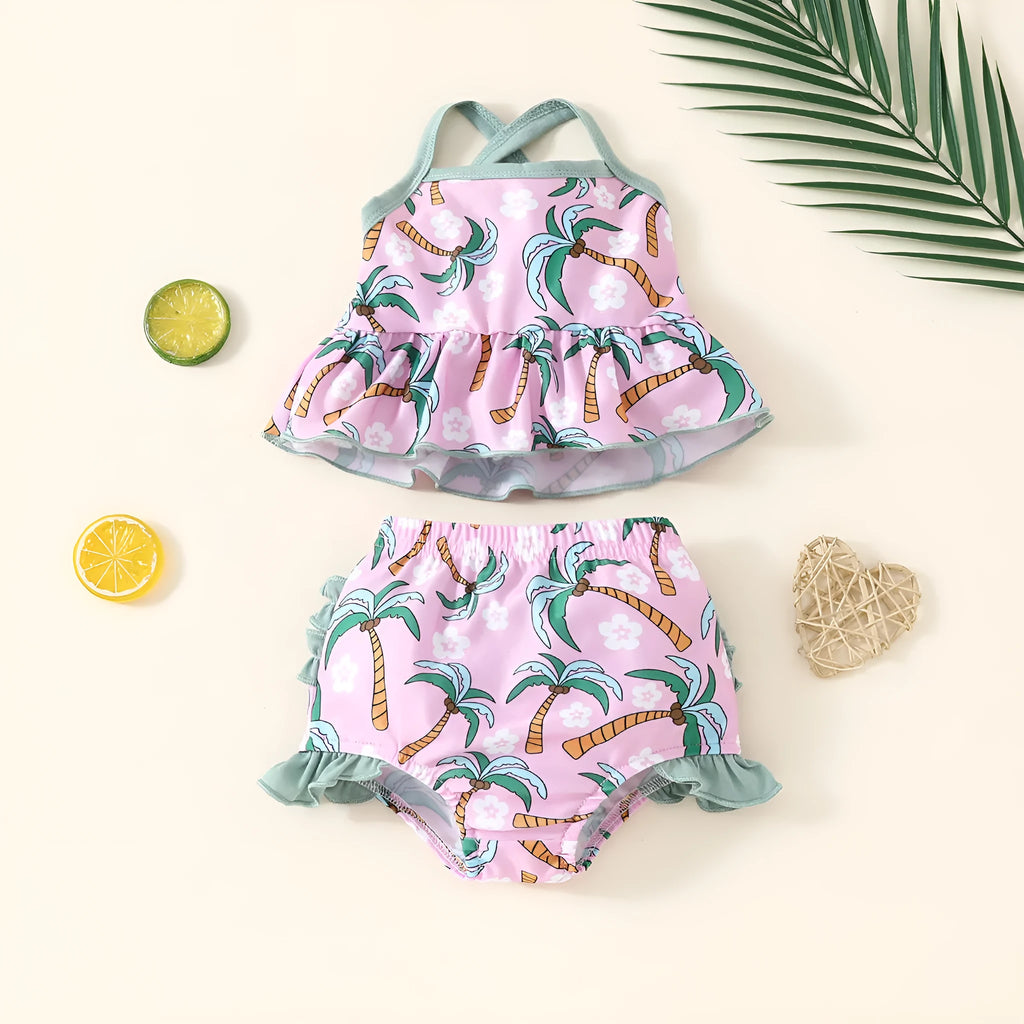 White children's two-piece polyester swimsuit set with top and shorts on a hanger.