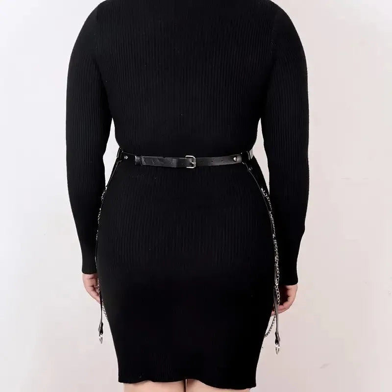 Black PU leather waist chain ornament with bandage binding chain design