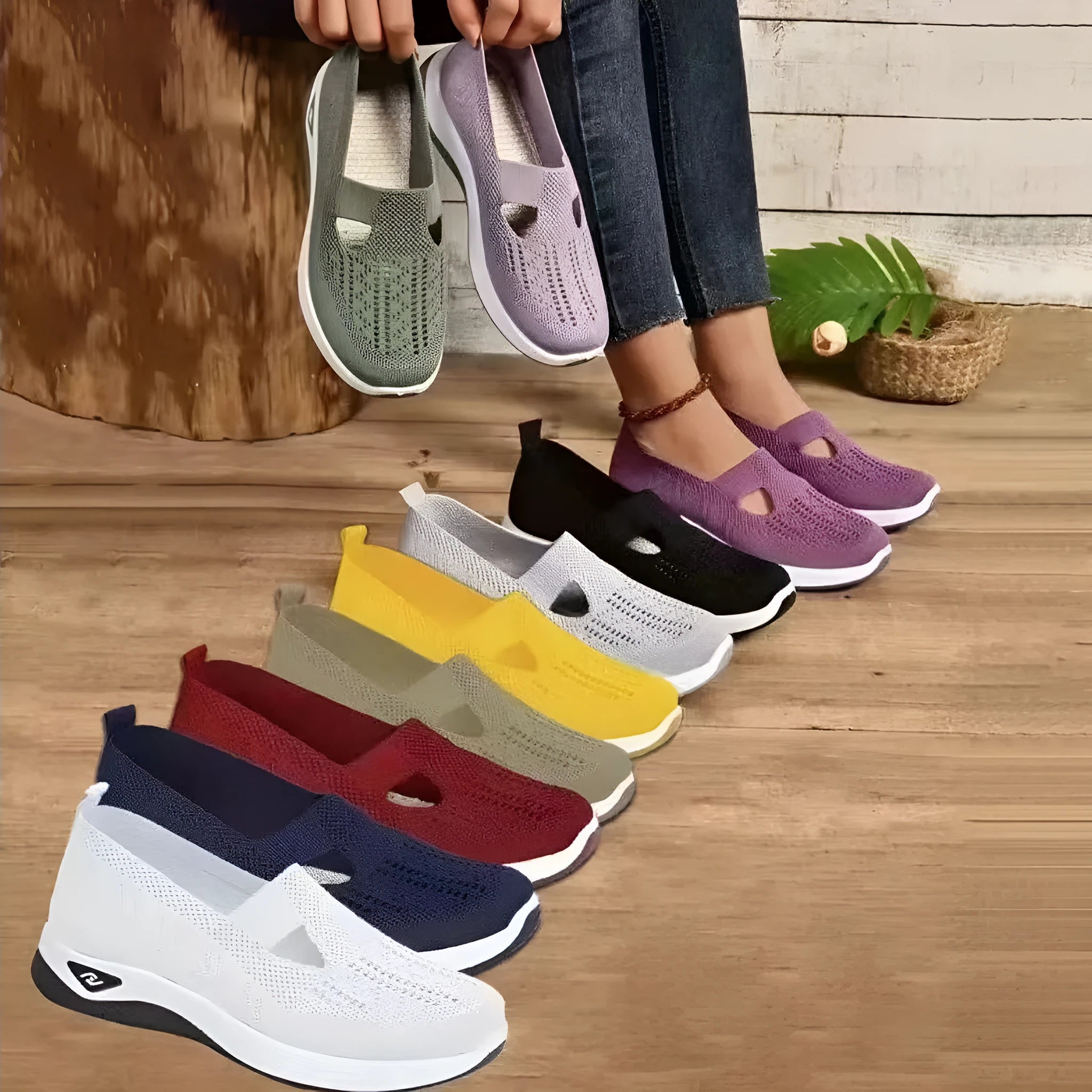 Women's casual flat shoes with mesh upper and T-strap in multiple colours