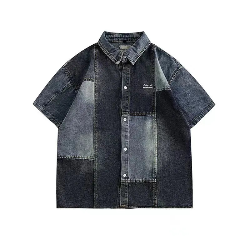 Blue Japanese-style retro denim shirt for men with loose cardigan fit and washed stitching