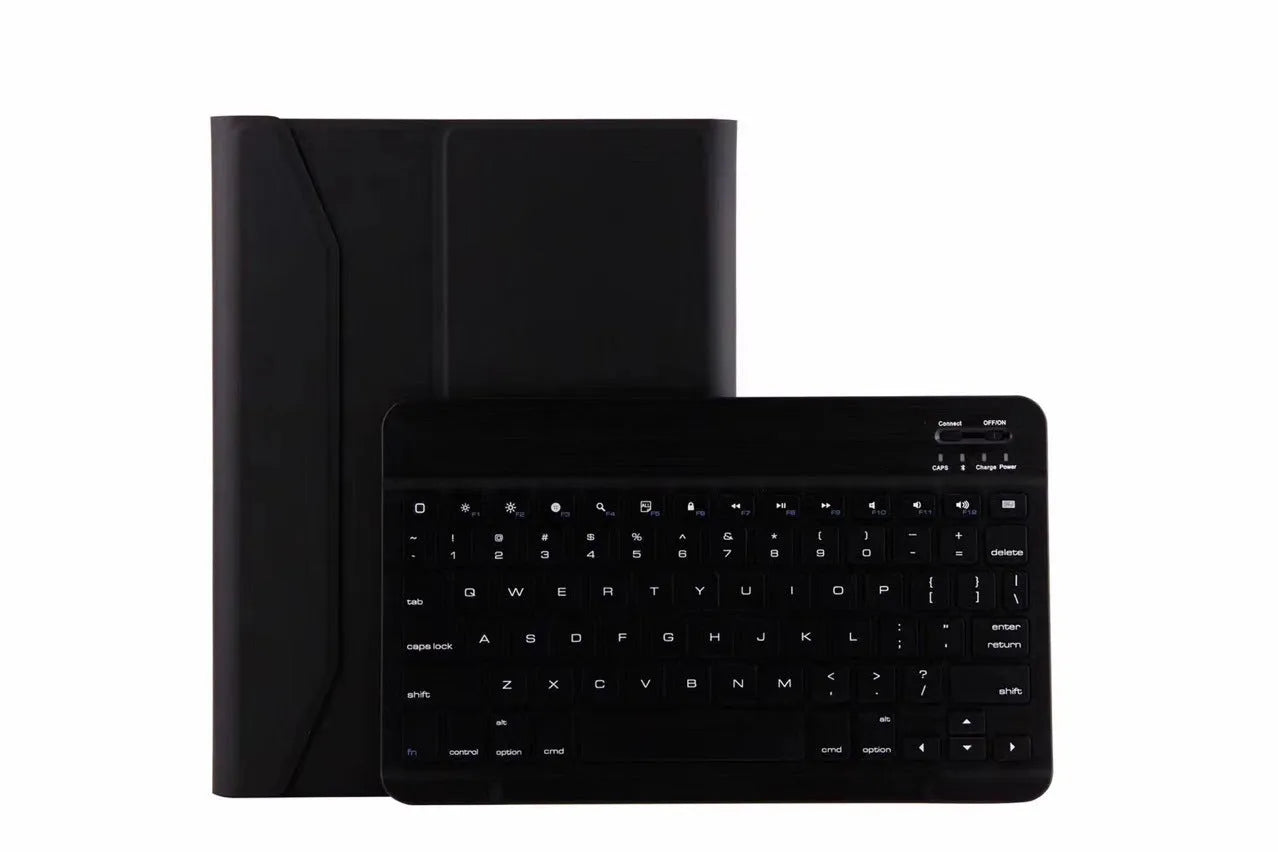 Flat Bluetooth keyboard case for iPad with pen slot, imitation leather clamshell design, pure colour finish