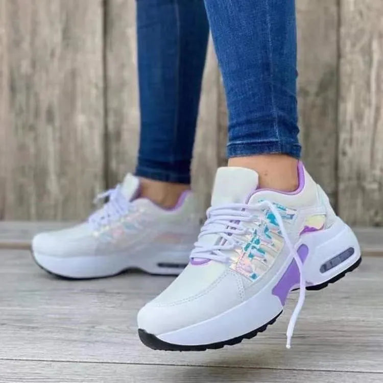 Breathable mesh lace up sneakers for women with low wedge heel, round toe, available in multiple colours