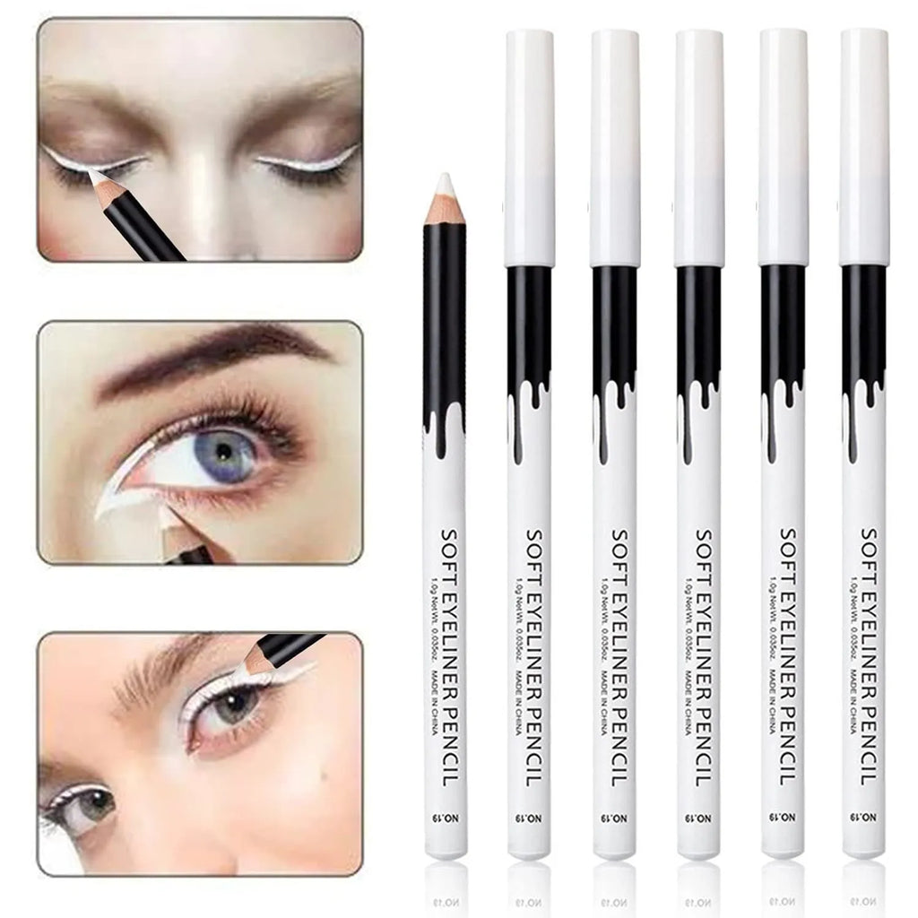 12 white and black waterproof eyeliner pencils with a sharpener arranged on a white background.