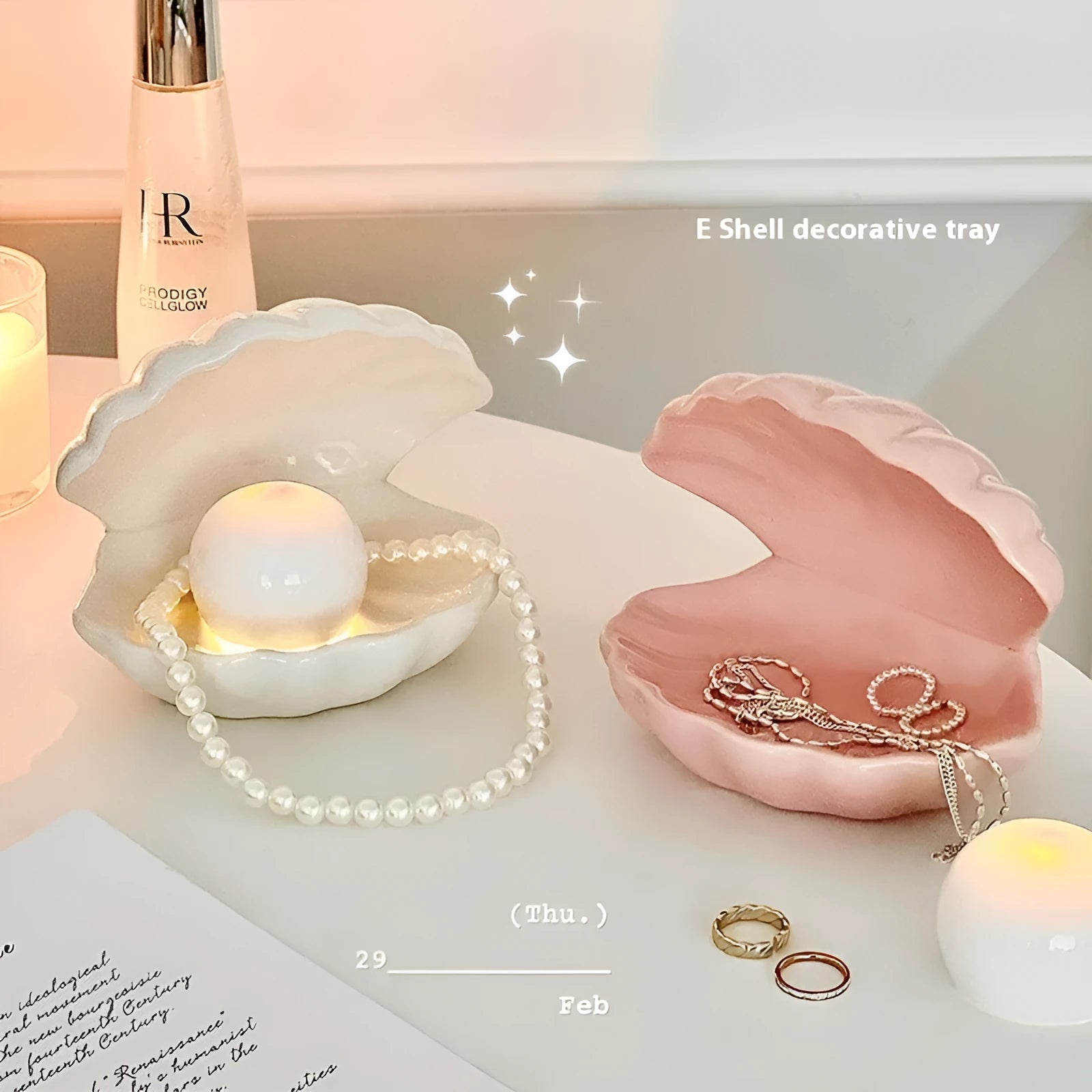 Yellow white porcelain decorative tray with optional small night light, pink or white shell.