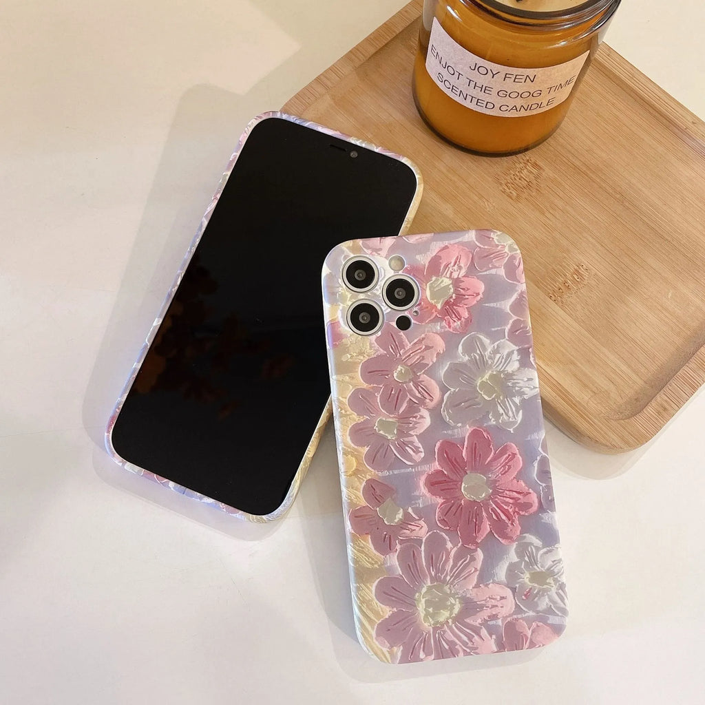 Pink silicone liquid oil painting flower phone case rear cover for iPhone