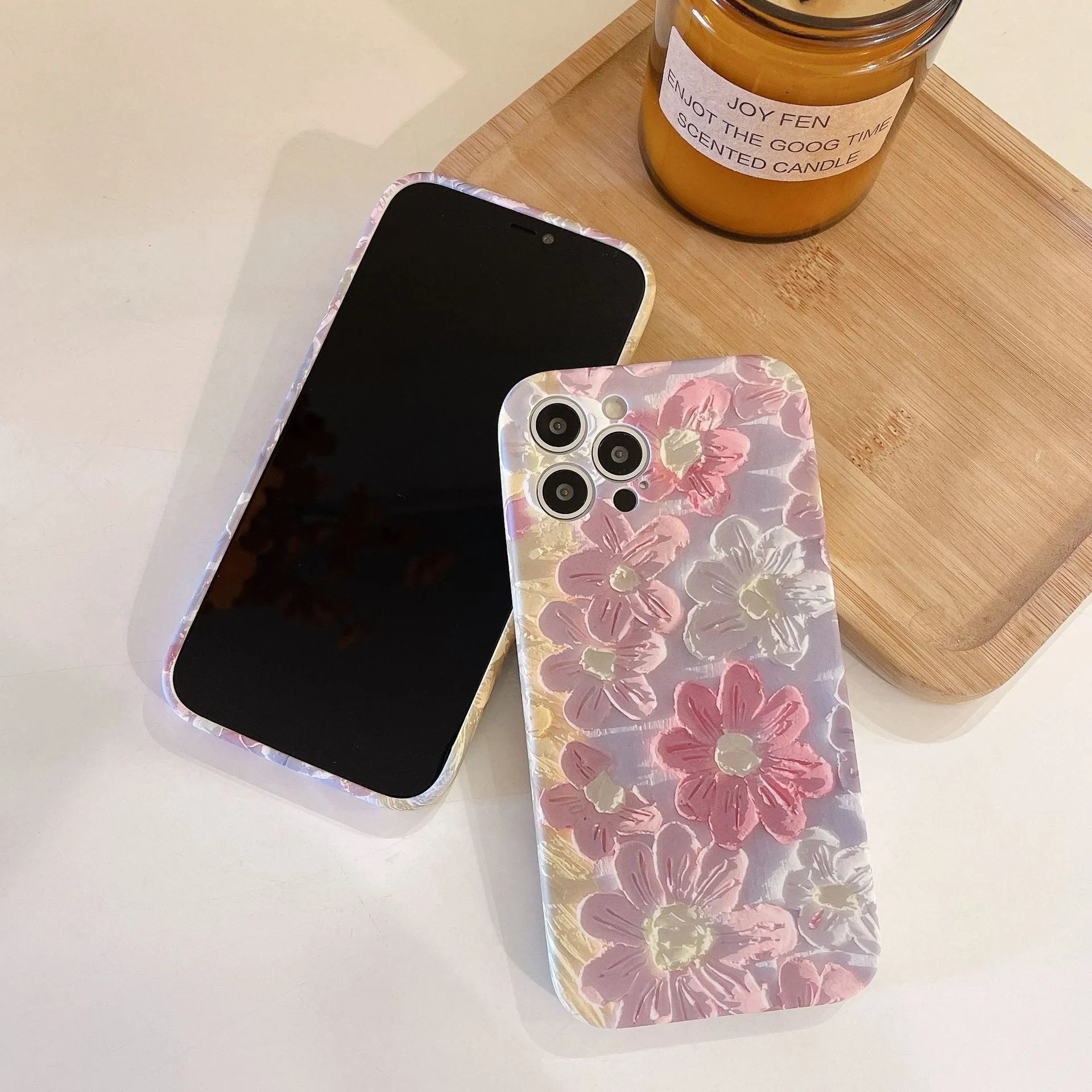Pink silicone liquid oil painting flower phone case rear cover for iPhone