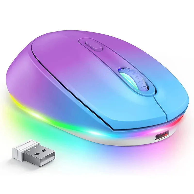 24g lightweight wireless mouse for laptops in various colours, shown with USB charging cable.