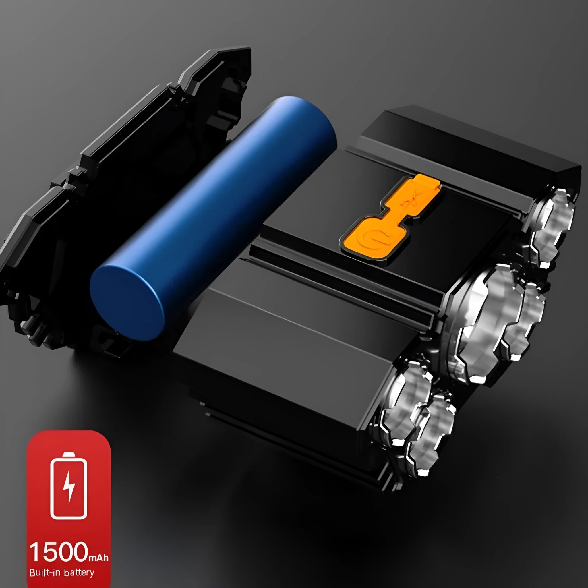 PVC 10W rechargeable LED head torch with adjustable strap on a colour box.