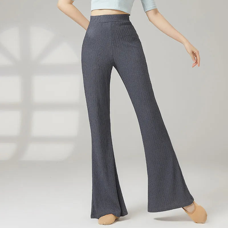 Women's solid colour polyester dance practice pants for classical training in beige, gray, khaki, purple, or black.