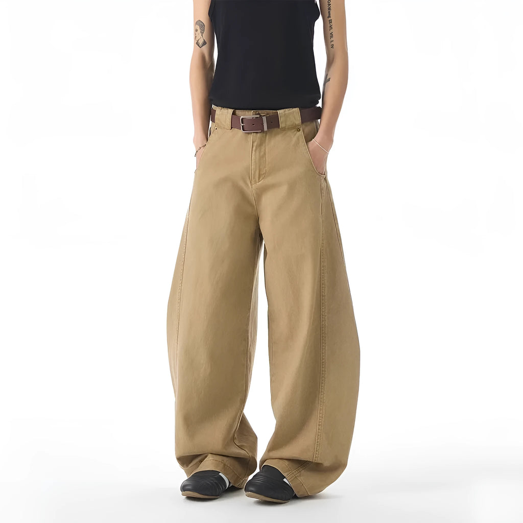 Brown men's casual jeans with loose fit straight leg design and button fly