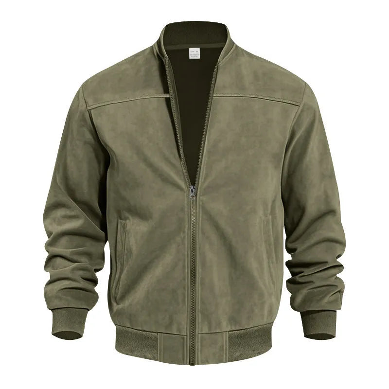 Men's plus-size casual jacket in suede fabric with a front zip, shown in Army Green colour.