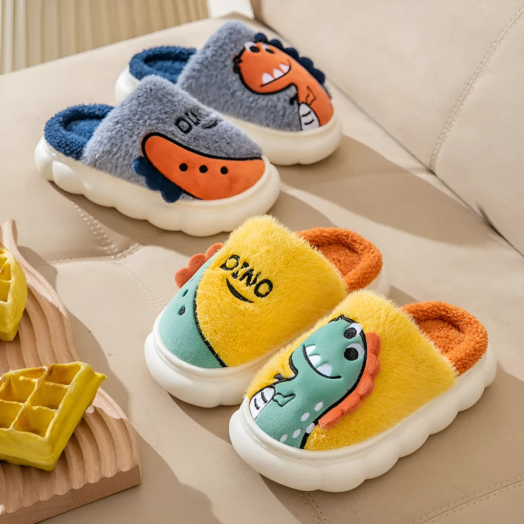 Cotton plush slippers in dinosaur colours for indoor couple wear