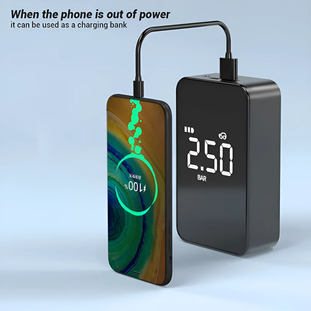 Wireless digital display air pump with large screen, four nozzles, and carrying case