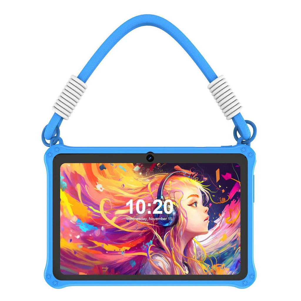 Blue silicone protective case for 7-inch children's tablet with flat carrying strap