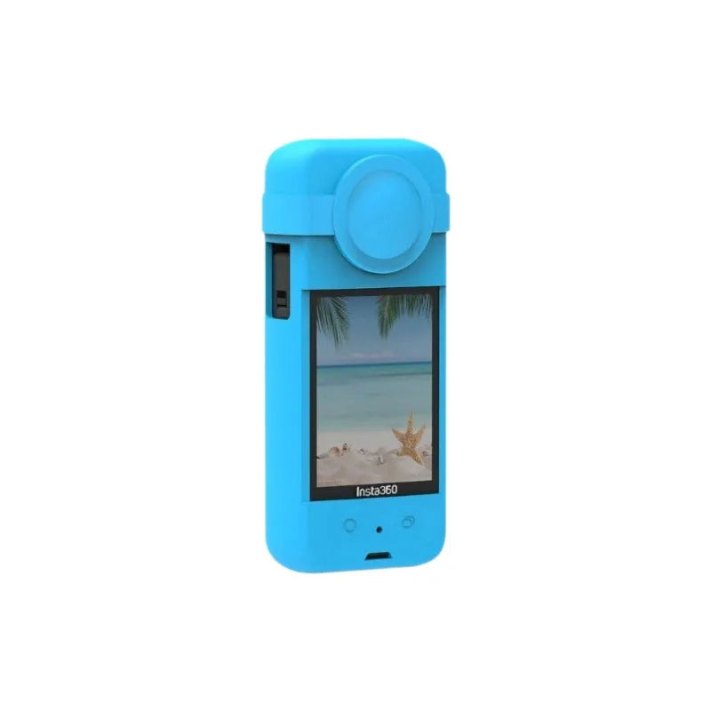 Insta360 ONE X3 silicone lens protective case in black, blue, and red colours, compact size