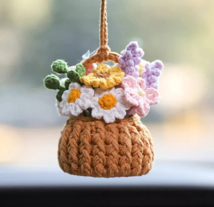Green and white knitted wool car plant decoration hanging from a rope.