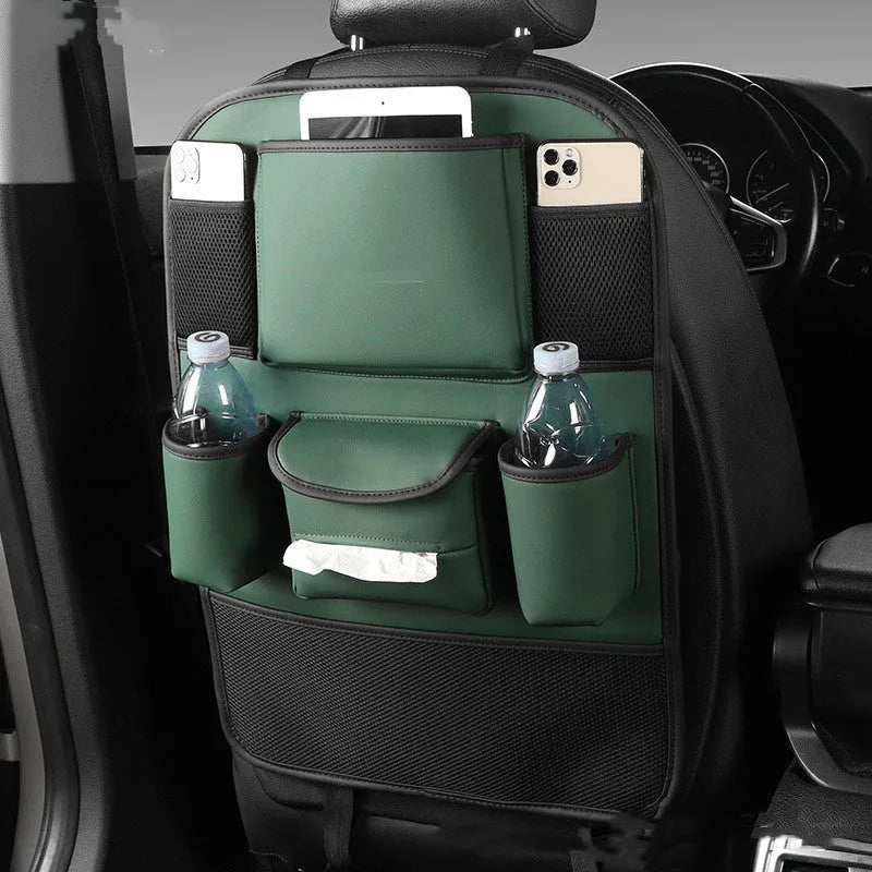 Black leather car seat back storage bag hanging from a headrest