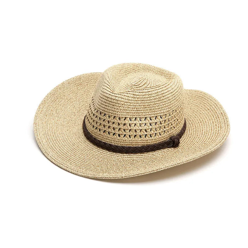 Men's foldable straw sun hat with wide brim in beige colour, shown in collapsed and worn positions