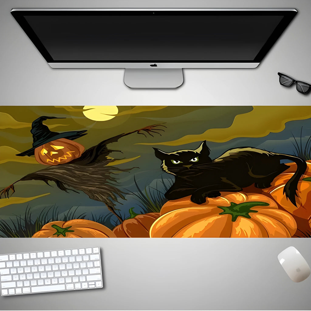 Oversized Halloween-themed gaming mouse pad with non-slip base on a desk.