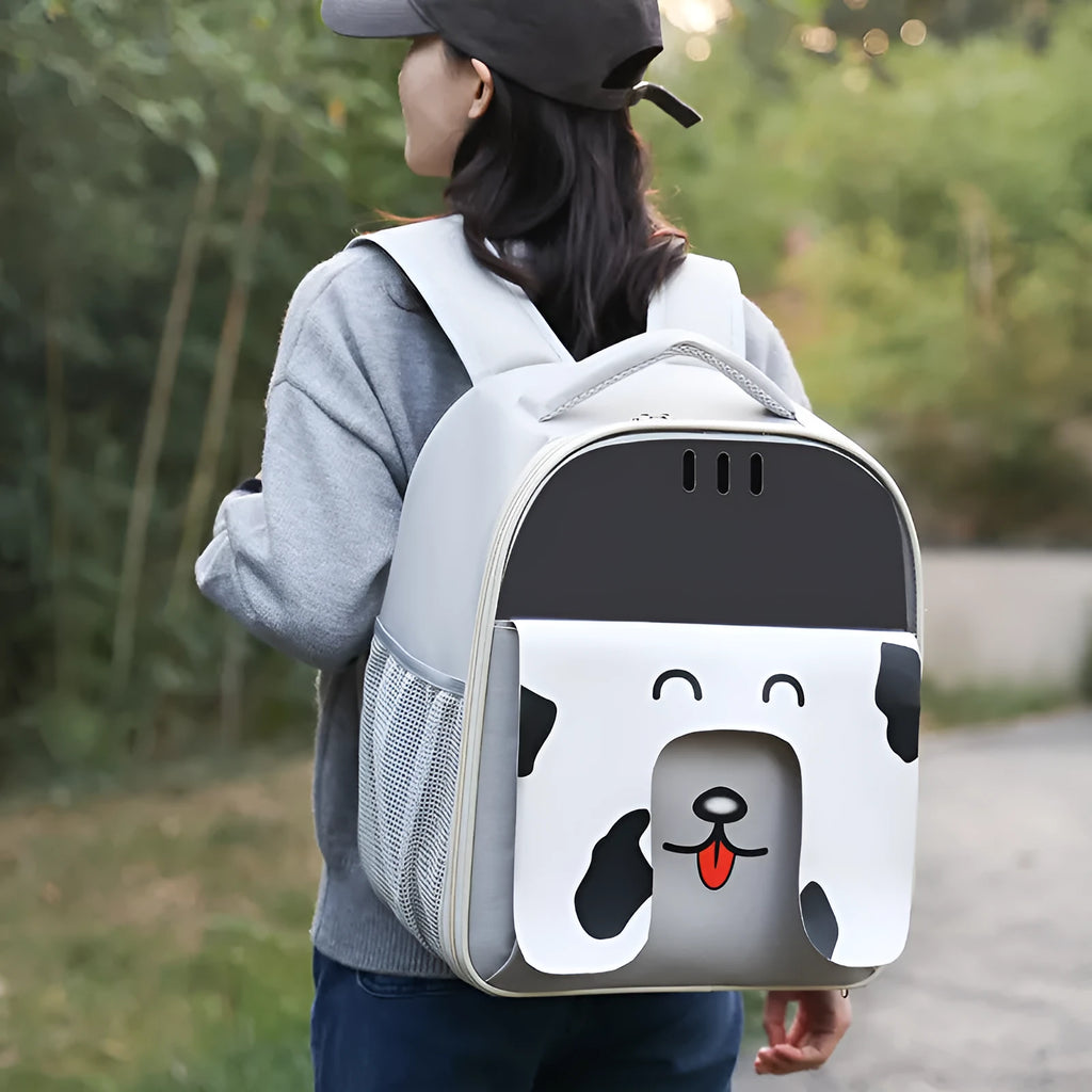 Large capacity PU PVC pet backpack in beige, for outdoor travel with a cat