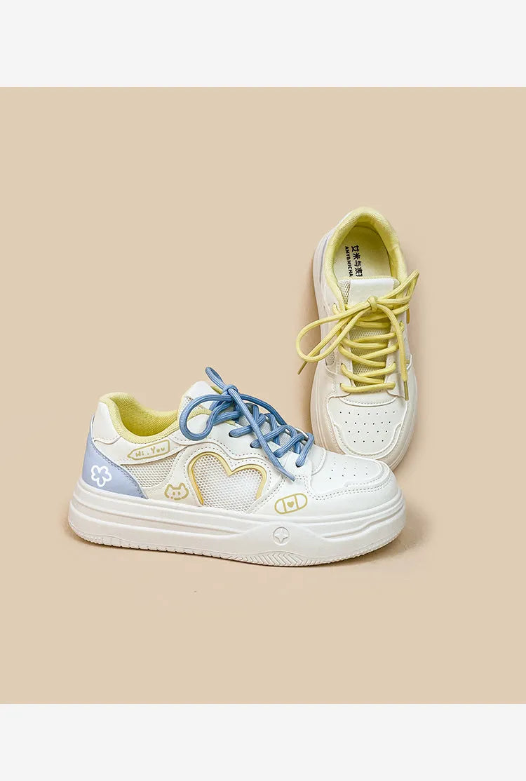 Meow Rabbit Sea Salt Cheese colour Korean-style sneakers with mesh cross straps and thick rubber soles