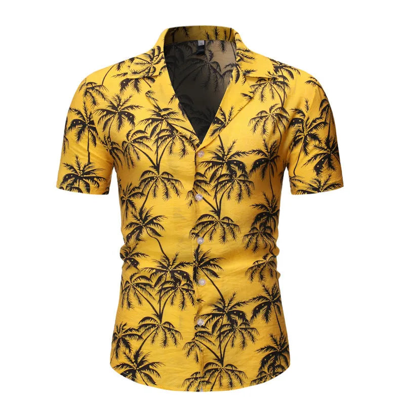 Mens casual lapel print top in polyester, white colour, long sleeves, front view