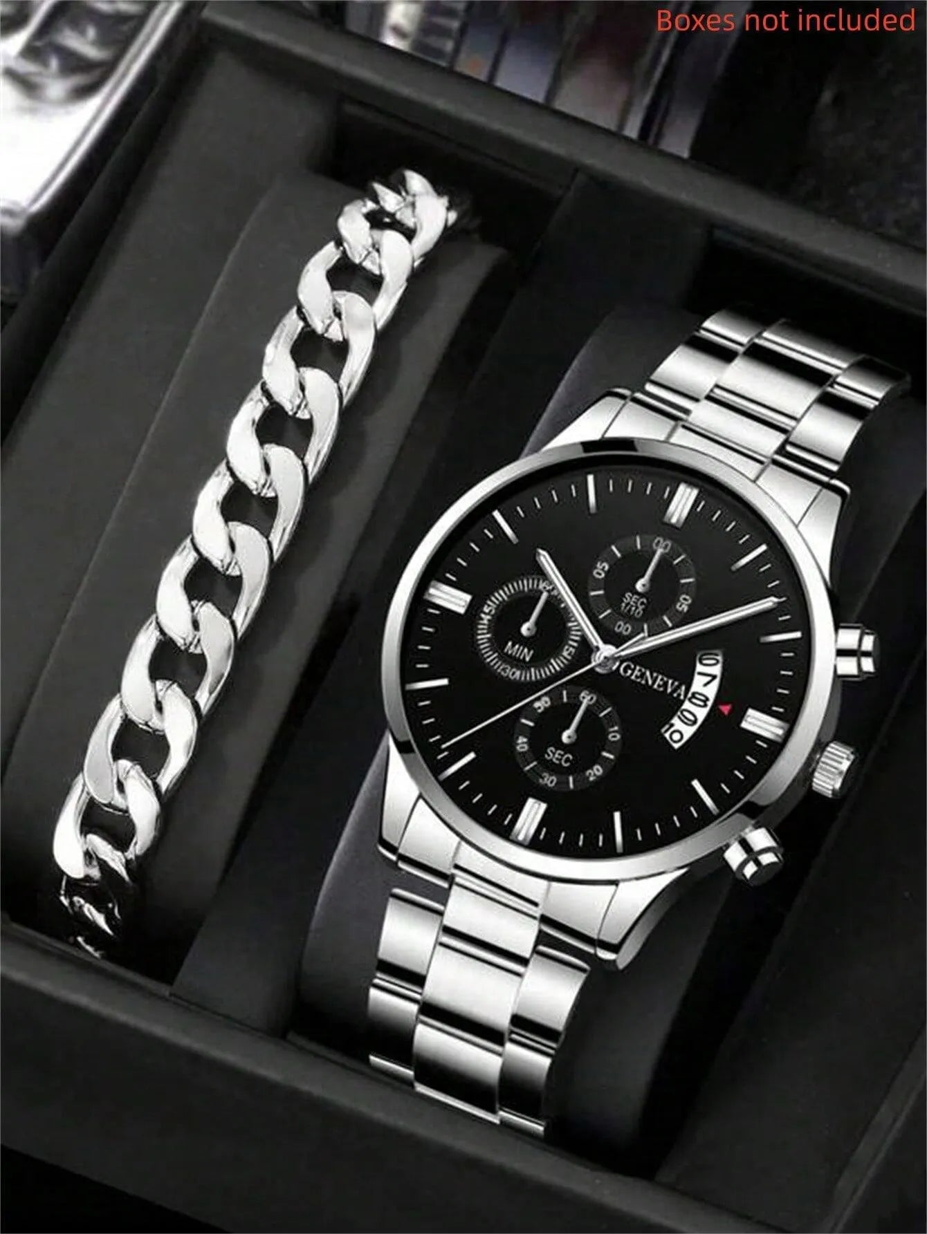 Men's calendar steel belt large dial quartz watch 40mm alloy case mineral glass silver black bracelet