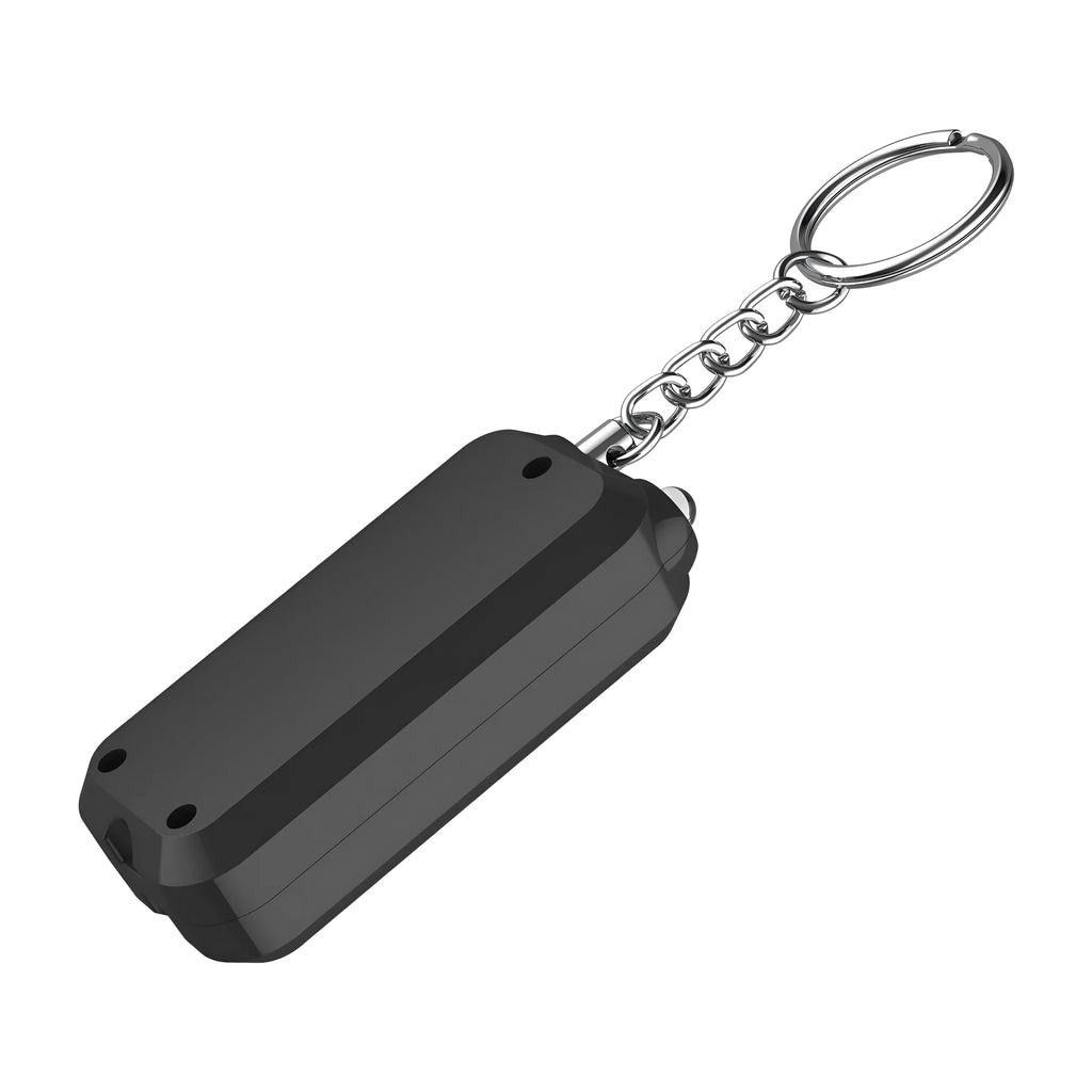 Pink personal security alarm showing compact size next to LR44 batteries