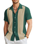 Man wearing a slim fit, short sleeve Hawaiian shirt with a cardigan style in a colourful digital print pattern.