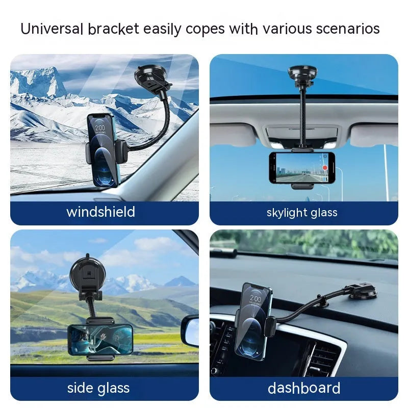 Black universal rotating car mobile phone bracket with metal construction and double supercharged clamp