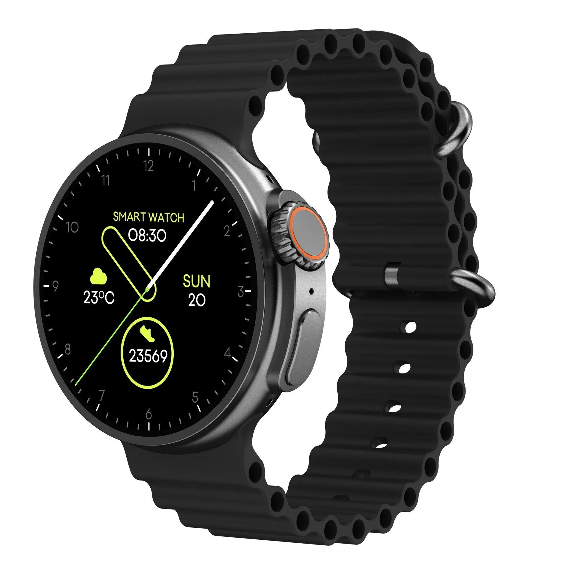 K9 smart watch with round screen on silicone strap, showing NFC and health tracking interface