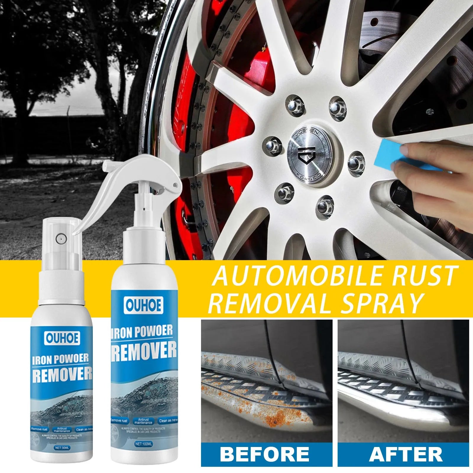 Automotive iron powder remover spray bottle with blue square sponge on car surface