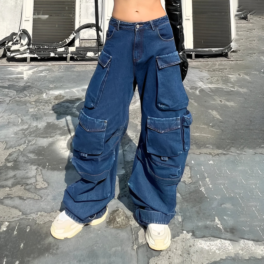 Dark blue distressed wide-leg jeans with a high waist and multiple pockets on a mannequin.