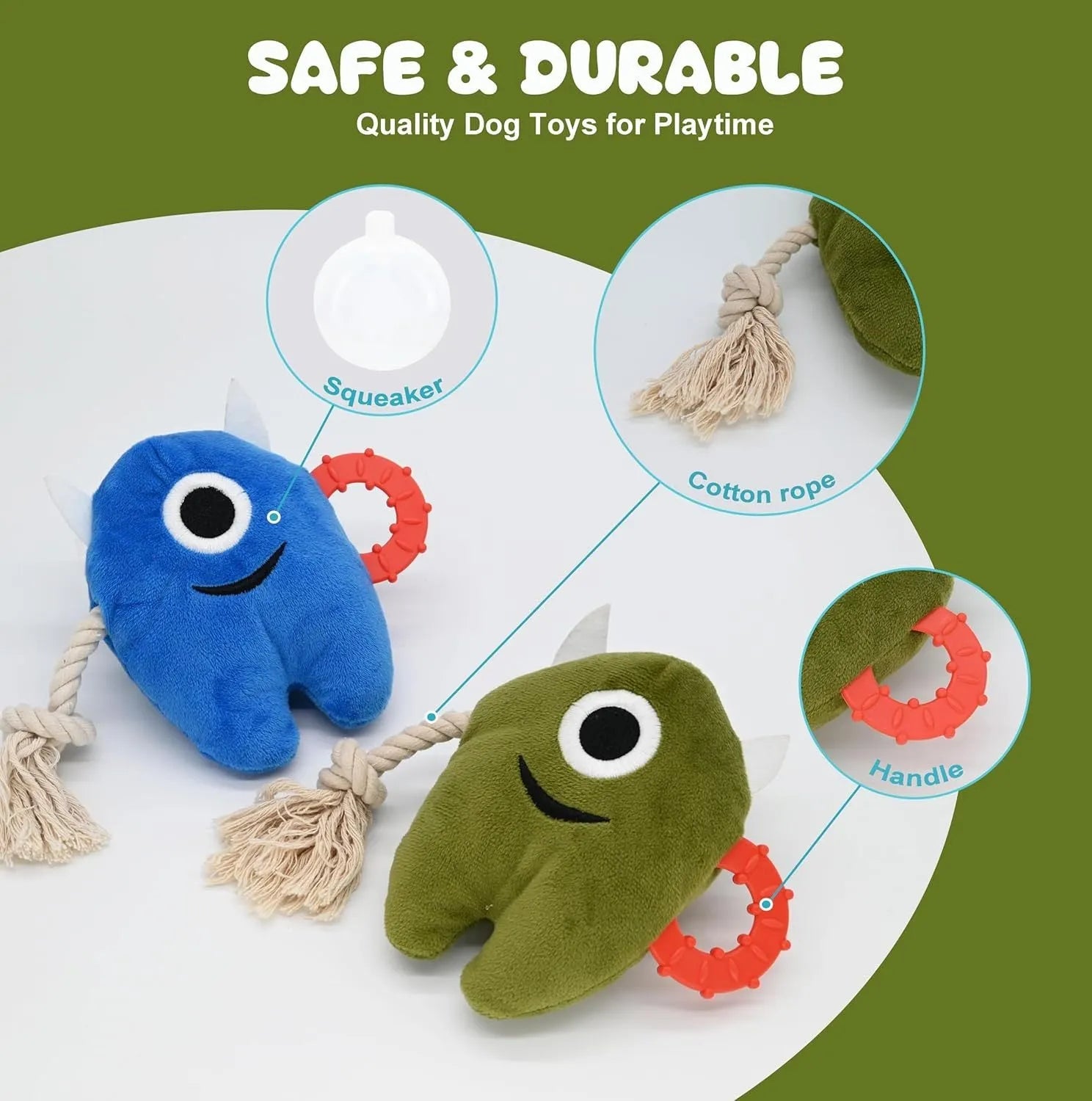 Blue and green dog chew toy with plush body and rope sections