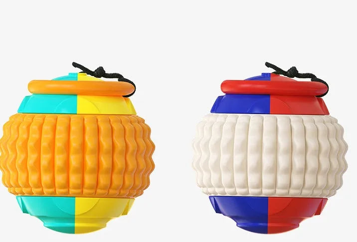 Blue ABS plastic dog training ball with retractable drawstring and molar cleaning bumps