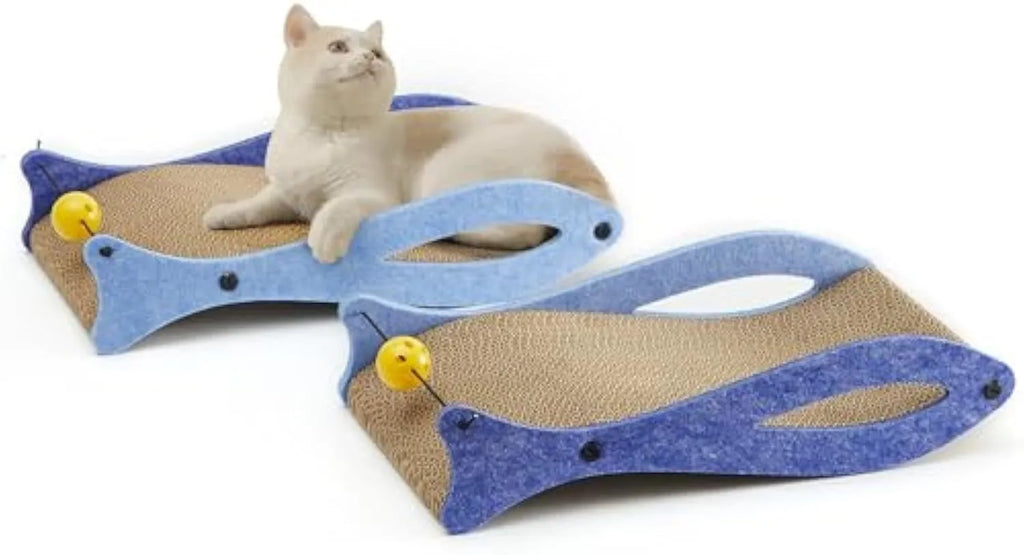 Blue fish-shaped cardboard cat scratcher lounge with a hanging ball toy for cats.