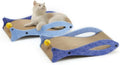 Blue fish-shaped cardboard cat scratcher lounge with a hanging ball toy for cats.