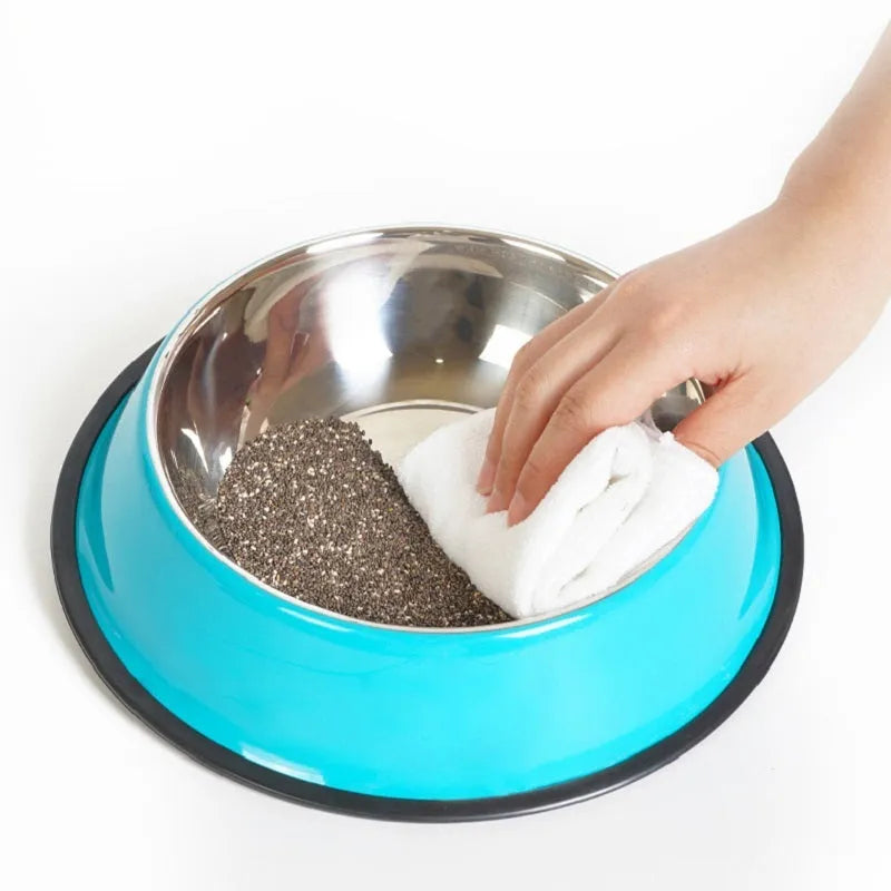 Stainless steel pet bowl with colourful melamine base in non-slip design