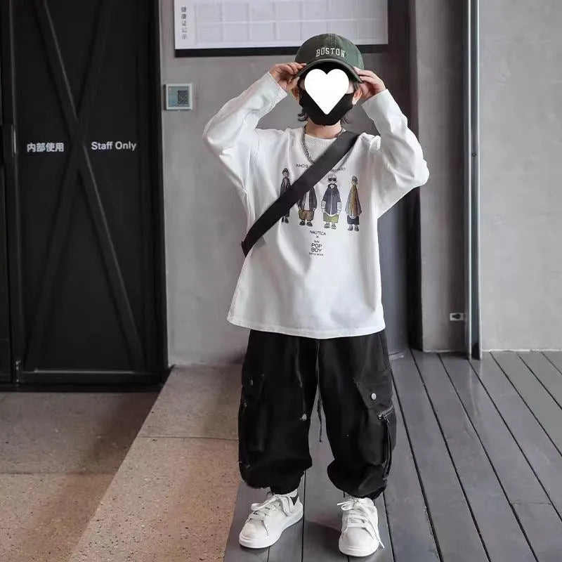 Children's cotton workwear pants in beige and black, mid waist, sizes 120cm to 170cm