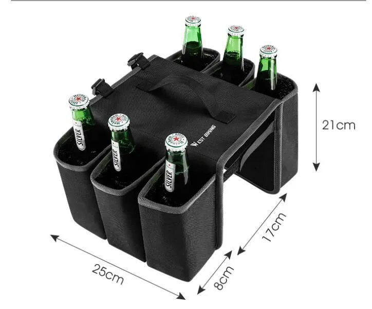 Black bicycle drink bottle cage storage bag mounted on bike frame showing 600D PVC construction and 2-litre capacity