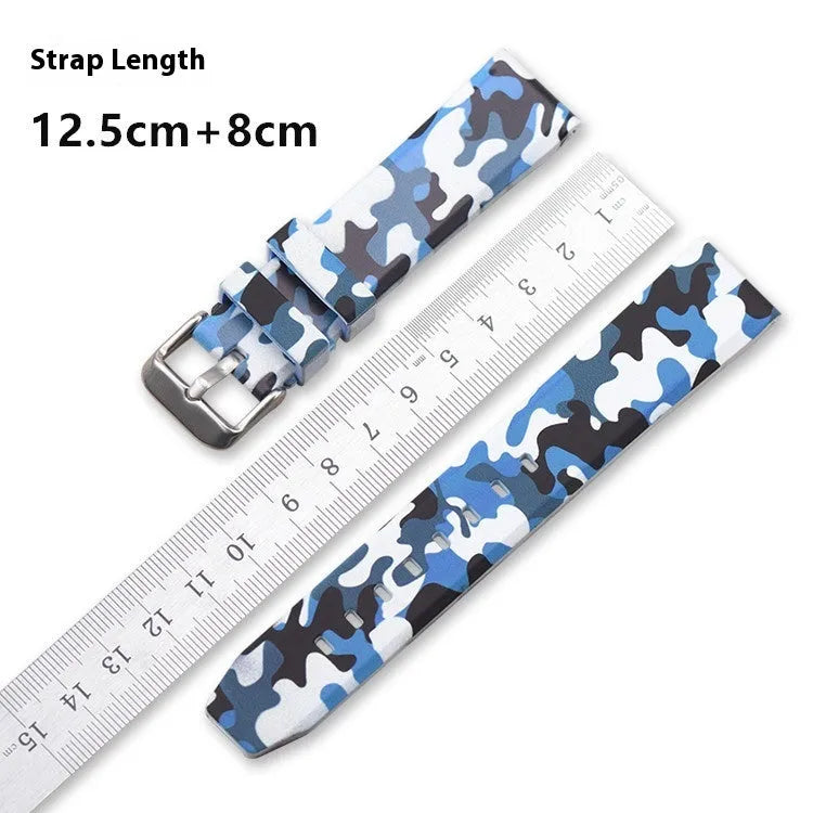 Green camouflage silicone watch strap with flat head design shown alongside blue and gray versions.