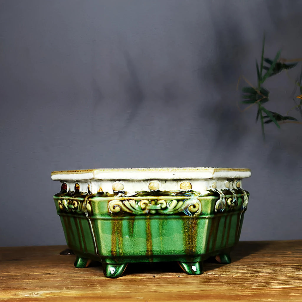 Glazed ceramic drum nail desktop flower pot in emerald green with Zhonglan floral pattern