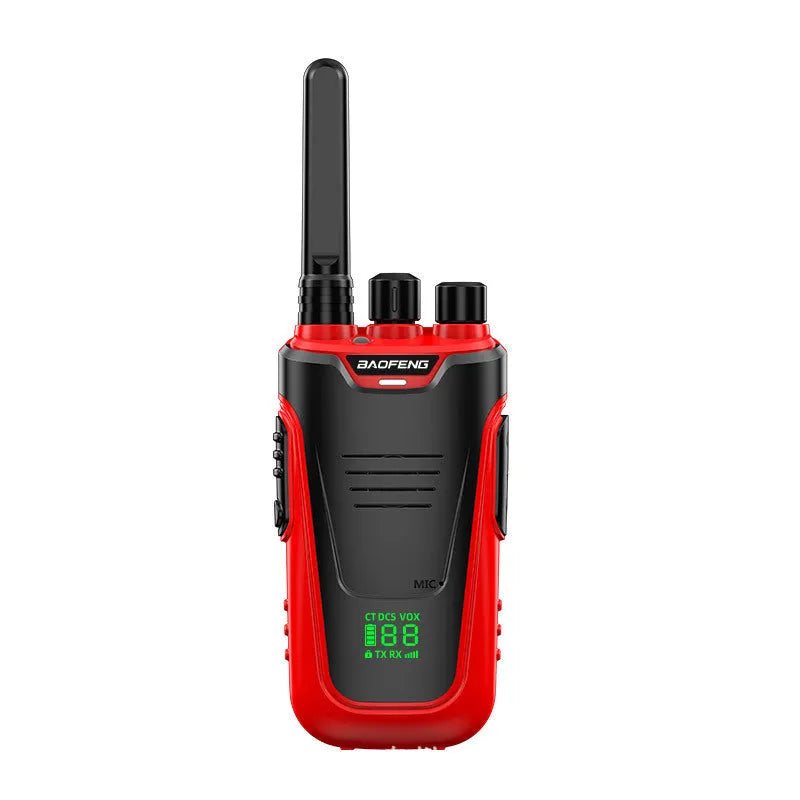 Red and yellow high-power portable intercom showing compact size and display.