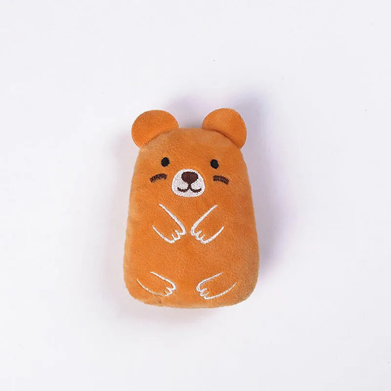Set of four colourful plush catnip toys for chewing and interactive play with vocal sounds