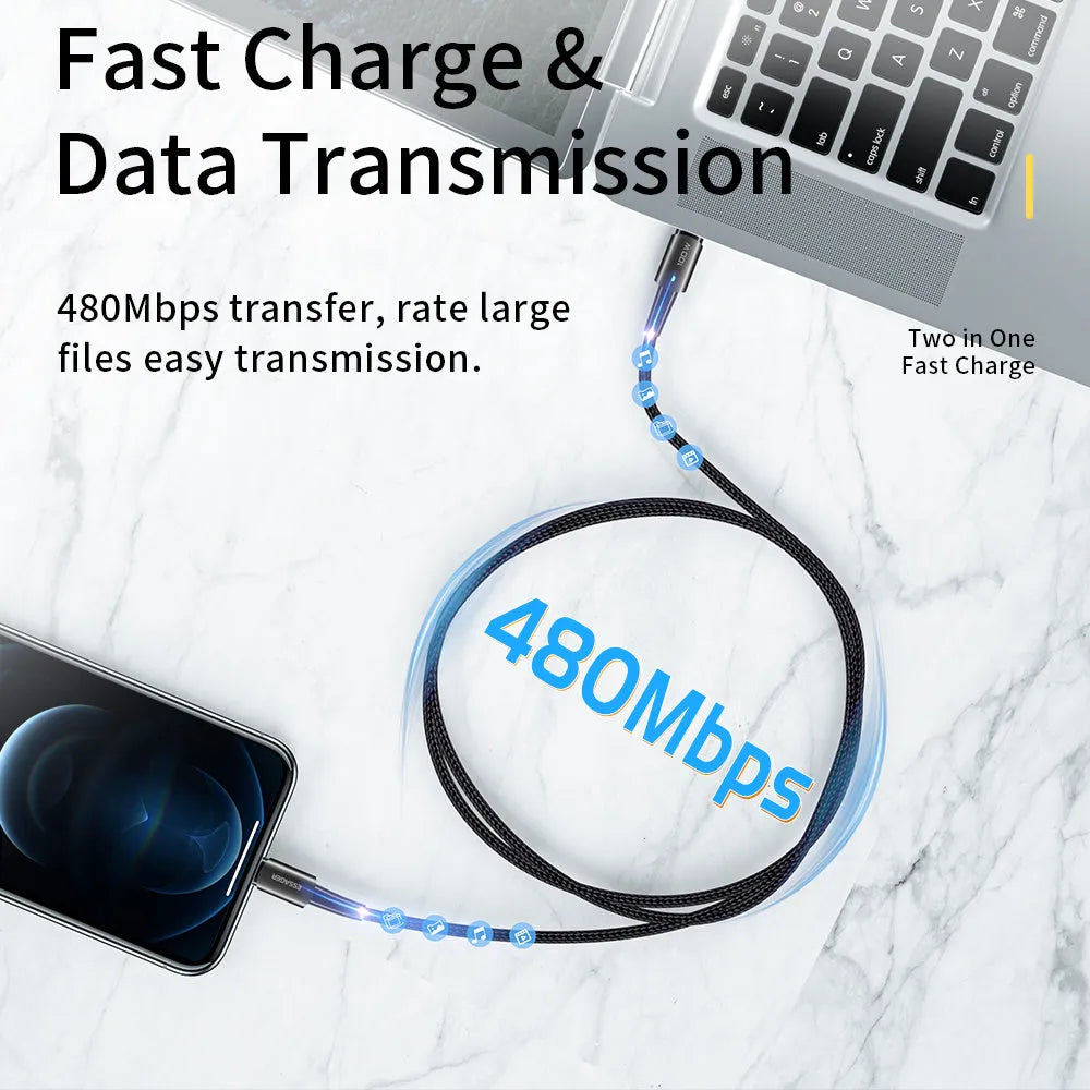 27W PD fast charging cable in black with aluminium alloy connector and LED indicator