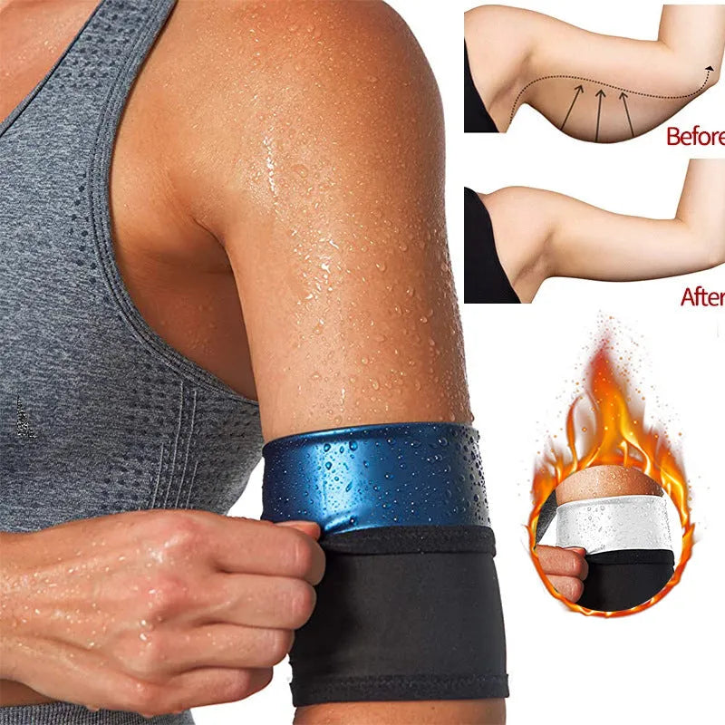Blue and silver sports arm band sweatband shown with size tags for S/M, L/XL, XXL/3XL, and 4XL/5XL.