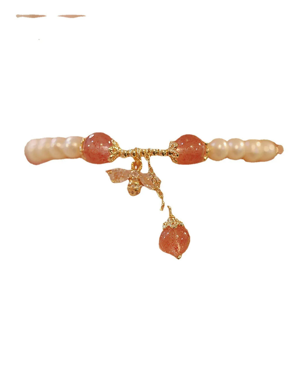Women's handmade strawberry quartz and crystal bracelet with a decorative bow on a string of beads.