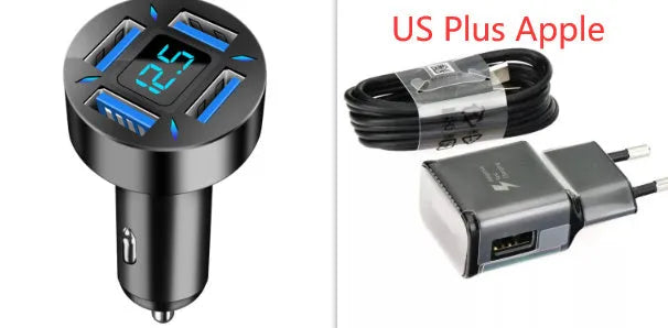Four-port USB car charger with LED digital display showing compact black design