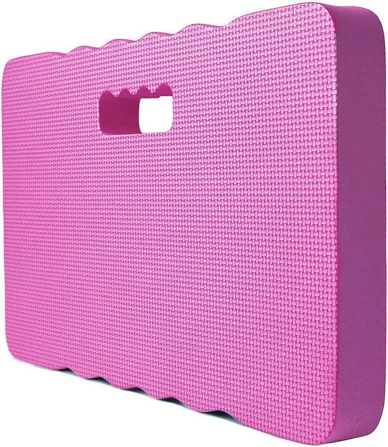 Blue EVA foam garden kneeler pad on grass, showing dimensions for outdoor kneeling.